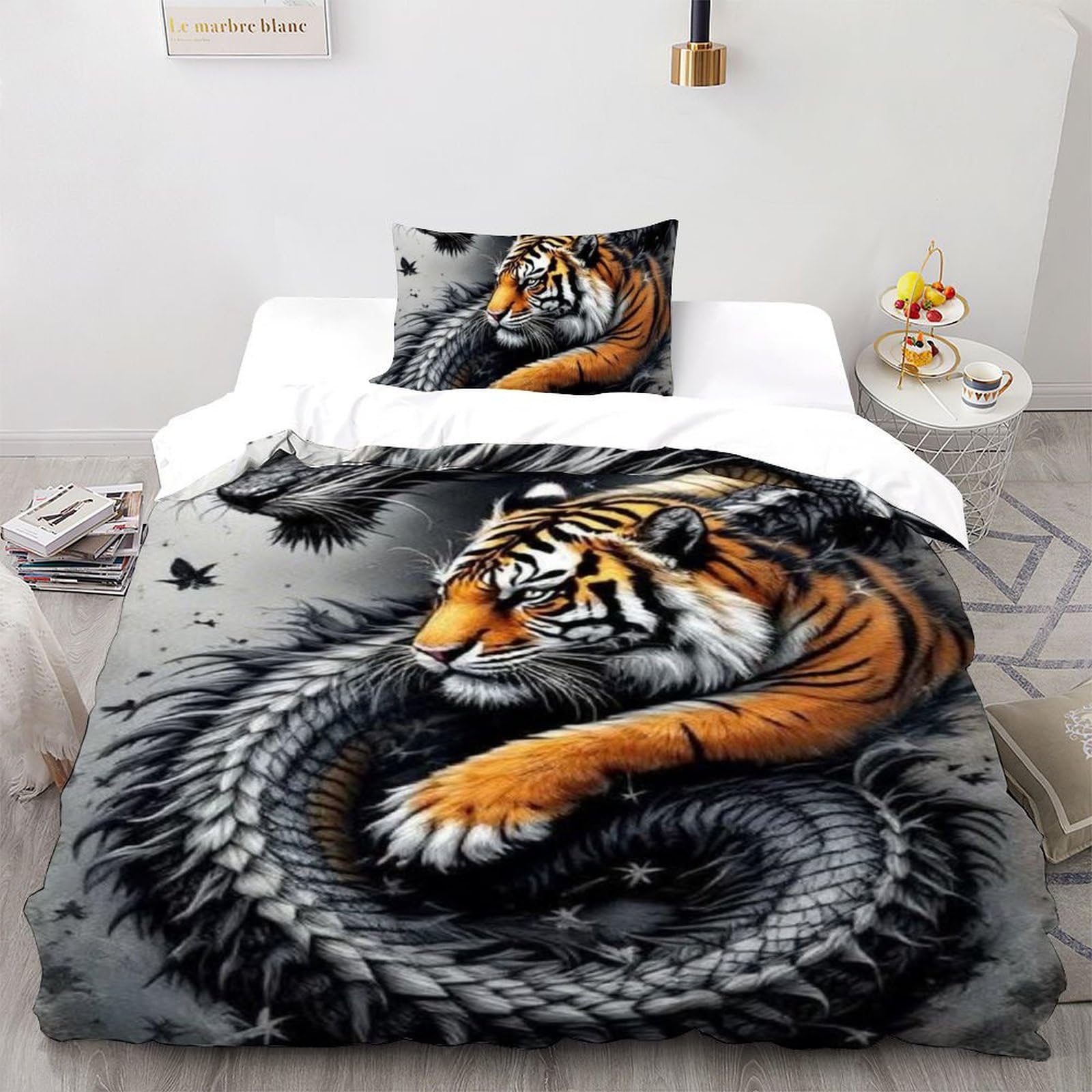 Housse de couette tigre et dragon 135x200 pour lit simple fille
