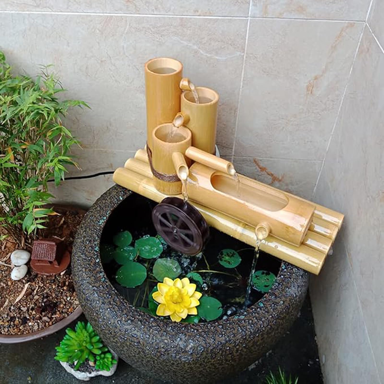 Fontaine d'eau en Bambou Naturel, Fontaine de Jardin Zen, Ornement d'eau en Circuit fermé pour Aquarium, décoration de Bassin, pour Bain d'oiseaux, étang, Cour, Jardin, 80 cm x 80