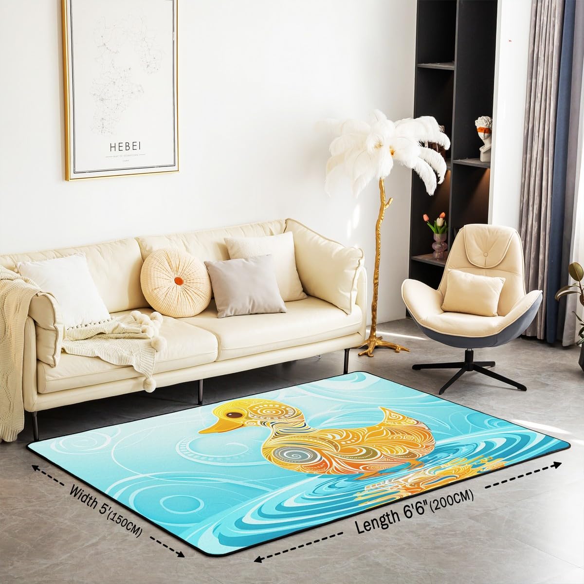 Canard de Natation Tapis Salon 150x200,Tapis Géométrique Bohème Bleu Jaune,Art Exotique Cartoon Nettoyage En Machine Nettoyage À Sec Tapis Décoratifs,Ne Tombe Pas Tapis Intérieur et Extérieur Decor