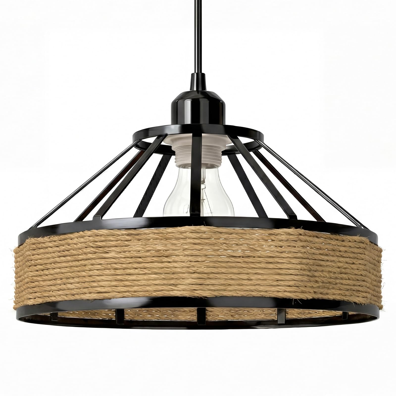 Emitto Metal & Rope Pendant Light Shade 30cm, Retro Hemp Rope Ceiling Lampshade with Reducer Ring, Hanging Light Shade for Living Room Kitchen Bedroom