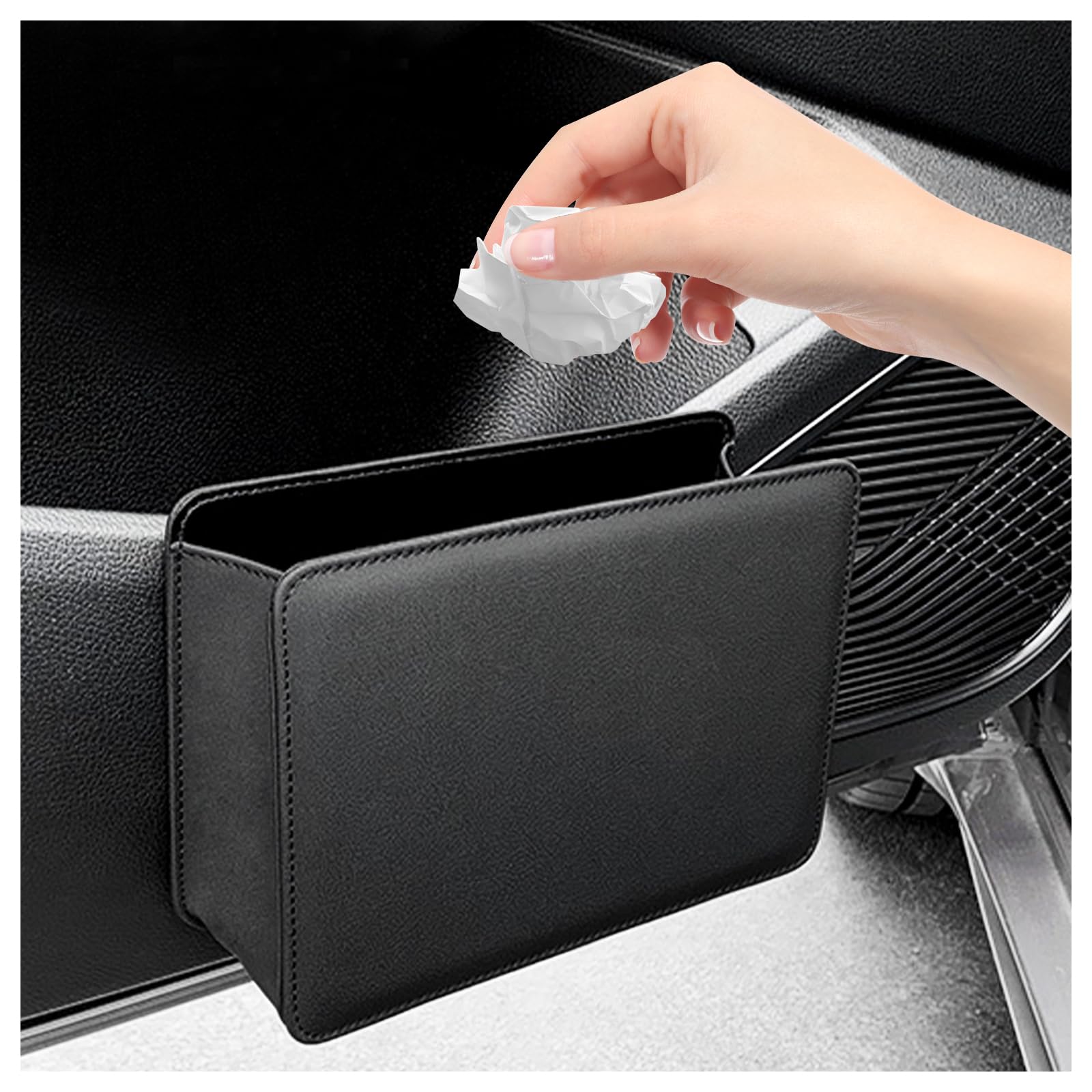 Leather Car Trash Can with Hooks,Multi-Function Waterproof Car Trash Bin/Organizers and Storage,Universal Mini Garbage Can,Seats Interior Accessories (Black)