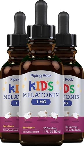 Piping Rock Melatonina líquida para niños, 1 onza líquida, 1 mg, paquete de 3 botellas, gotas con sabor a bayas, suplemento sin OMG, sin gluten
