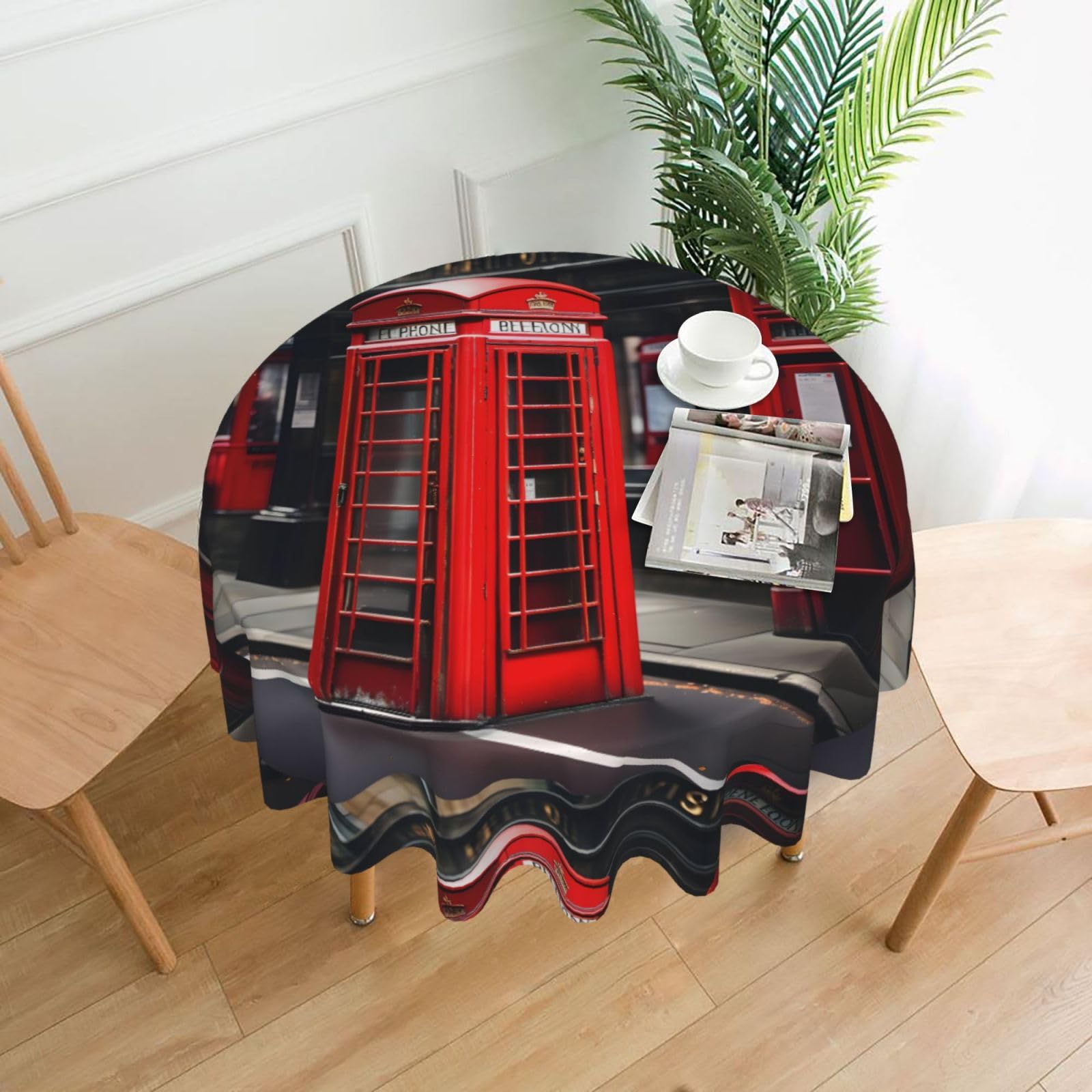 Nbtghga Red Phone Booth London Street Print Tablecloth Round Border Table Cloth Cover Decorative For Party Holiday Dinning Tabletop Home