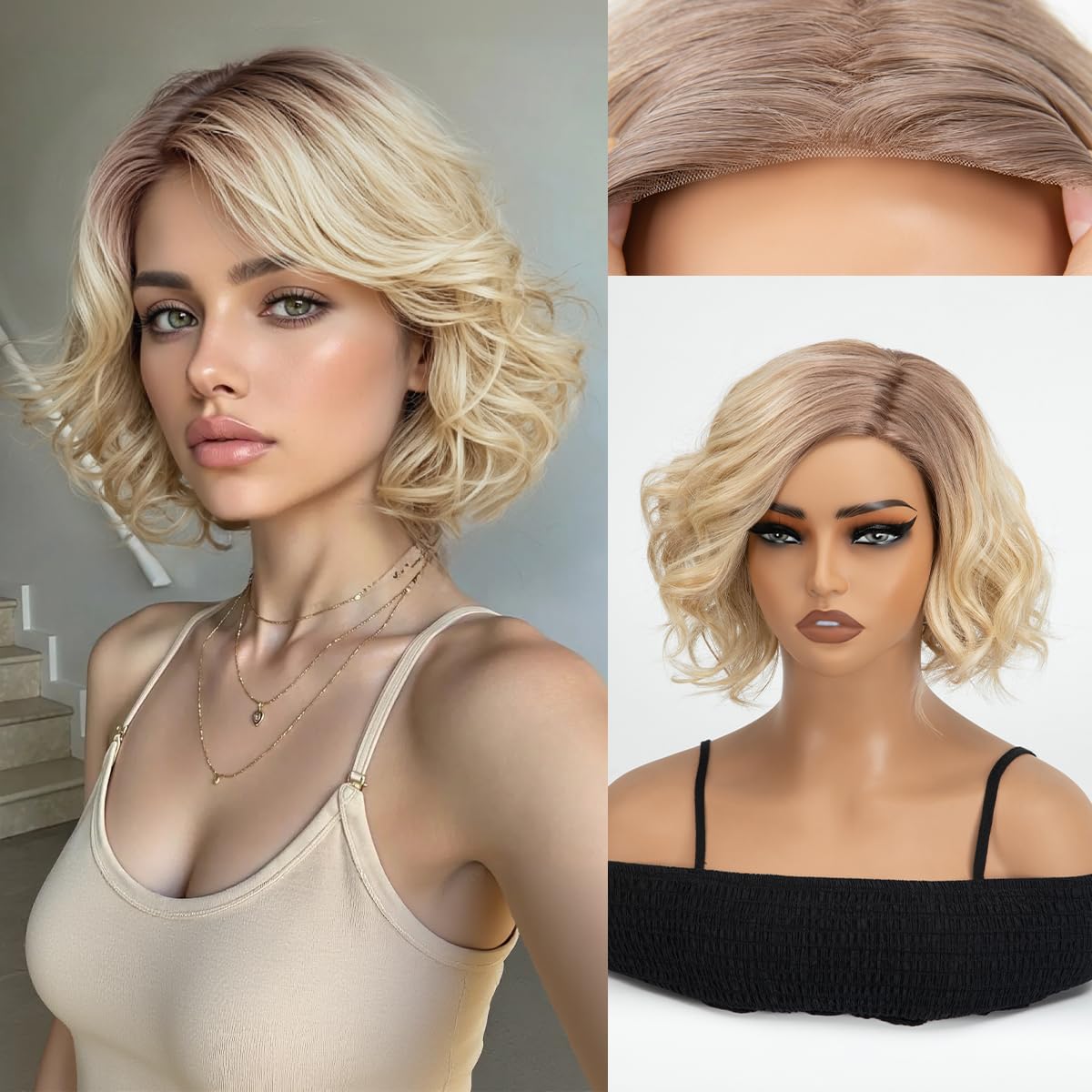 Wear and Go Glueless Mono Part Lace Wig Body Wave Bob Pre Cut Pre Plucked Synthetic Side Part Lace Wig for Beginners Sunny Blonde