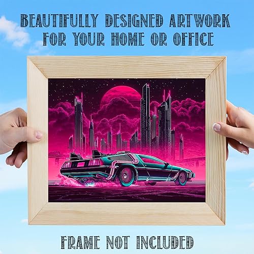 Miniatura 9 de Regreso al presente - Impresión Cyberpunk DeLorean de 11 x 14 sin marco, póster retro futurista de ciudad de neón, arte futurista para viajar en el