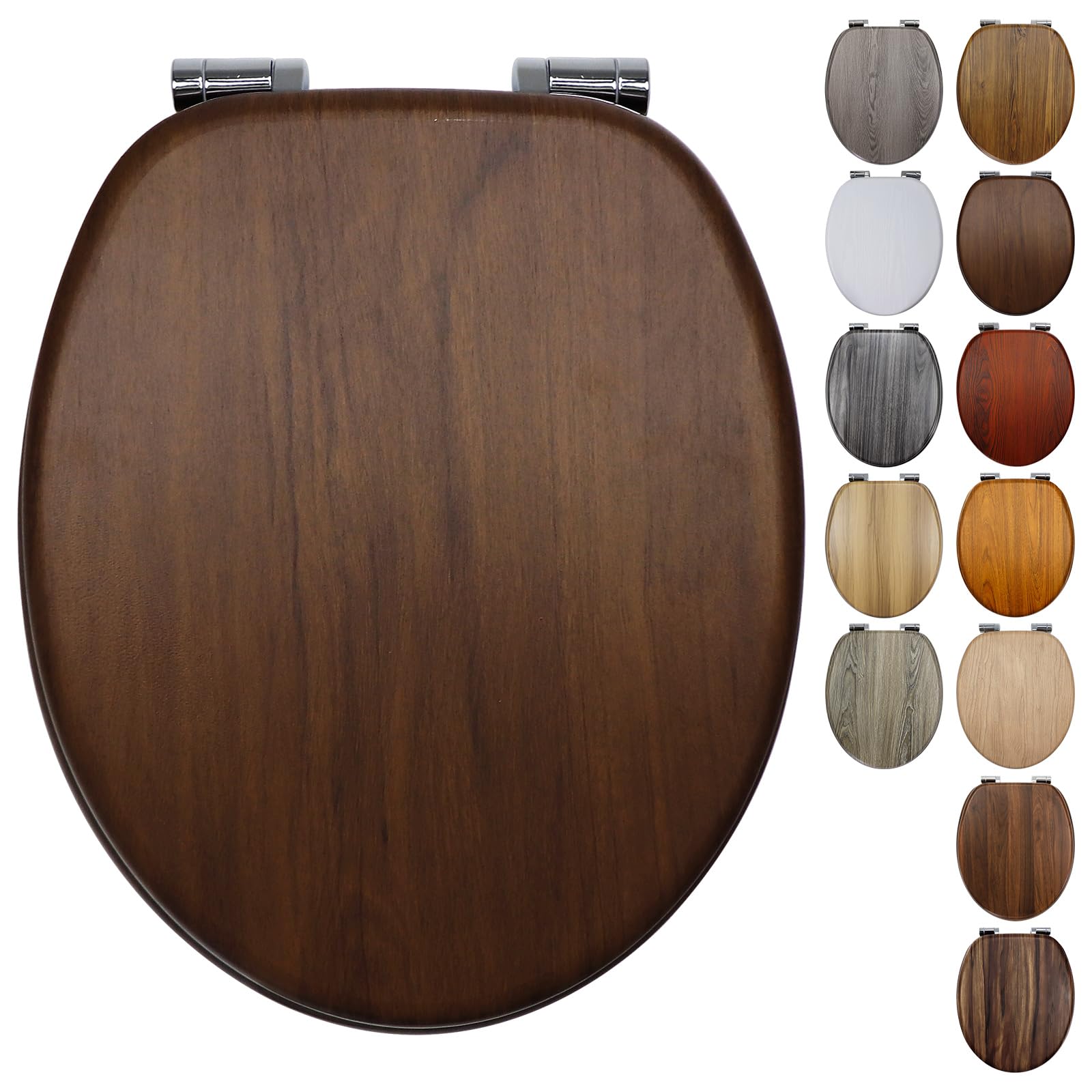 Fanmitrk Jh3704-01 Toilet Seat Dark Walnut Wooden Soft Close With Adjustable Solid Zinc Alloy Hinges, Mdf Wood Oval Toilet Seat With Bottom Fixings, Easy To Clean And Install (Jh3704-01)