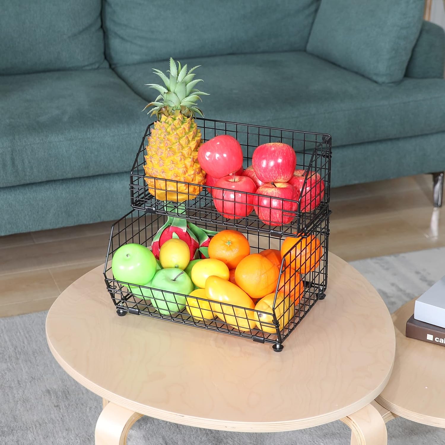 Fruit Vegetable Basket 2-Tier Wall-mounted Wire Storage Baskets Countertop Detachable Stackable Bin Kitchen Organizer Pantry Basket for Snack Canned Foods Potato Onion Storage Cabinet