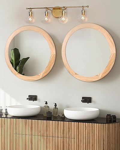 Miniatura 26 de CULER Espejo redondo de madera de 24 pulgadas, espejo circular con marco de nogal para pared, espejo de pared redondo decorativo rústico para baño