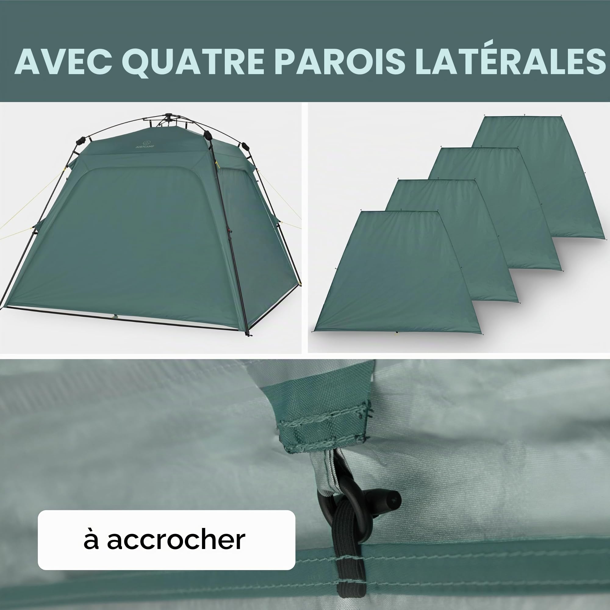 JUSTCAMP Tonnelle imperméable à montage rapide avec 4 parois latérales de 2,5 x 2,5 m – Tonnelle d'extérieur robuste pliable avec protection UV 80+ pour jardin, camping, festival et plage – Tente