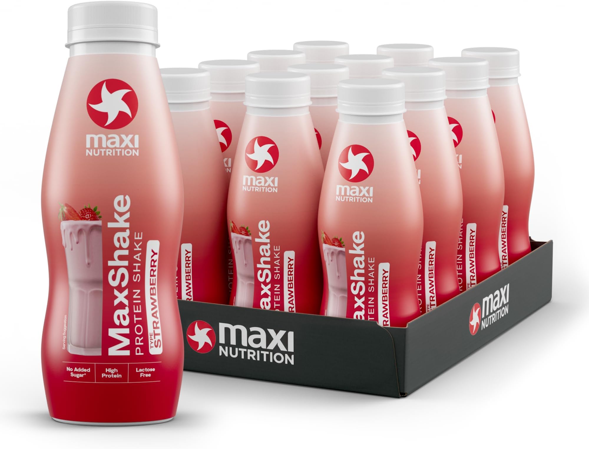 – MaxShake Protein Milkshake Strawberry, 12 x 330 ml, Creamy Protein Shake for Travel, 25 g Protein, Low Fat and Low Carb, Lactose-Free, No Artificial Flavours