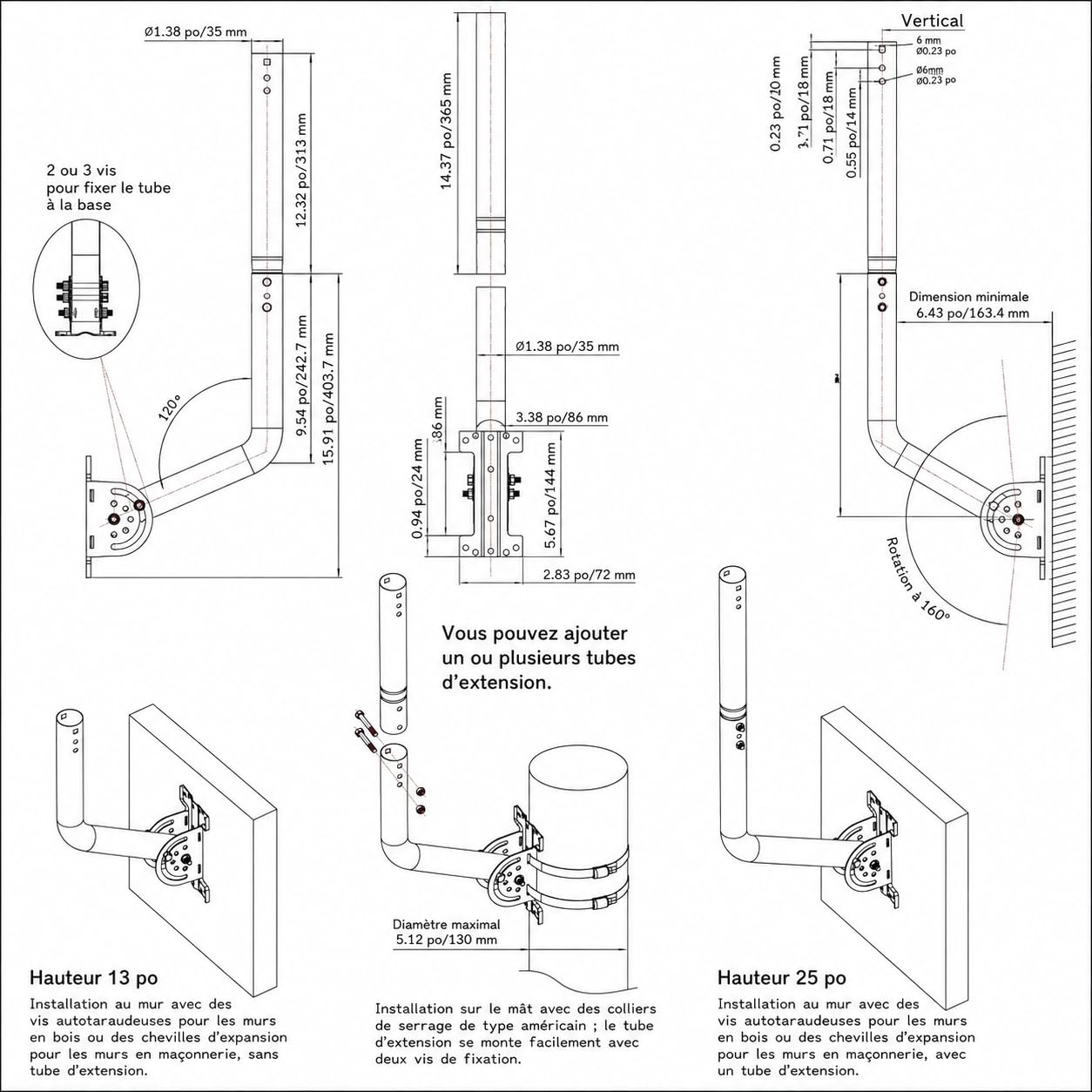Mât d'antenne Universel pour antennes de télévision/Satellite/Radio/Wi-FI - Support d'installation sur Poteau et Mural réglable (Support de 52 cm - Noir)