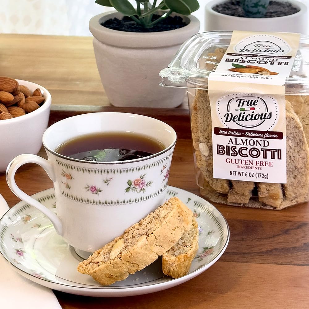 True Delicious GLUTEN FREE INGREDIENTS ALMOND BISCOTTI, buttery, fine Italian cookies, baked twice (4 boxes of 6oz each)