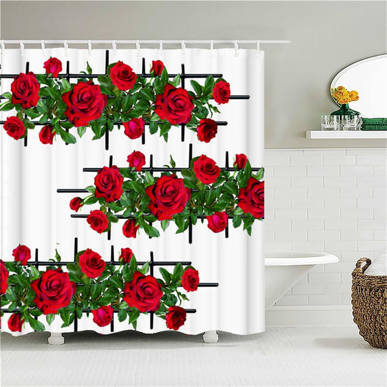 Rose rouge Rideau Douche W220cm x L200cm Rideaux de Douche Anti Moisissure Tissu Imperméable avec Crochets,Rideaux Lourd Polyester Lavable,3D Shower Curtain Hôtel Baignoire Salle de Bains Decor M-277