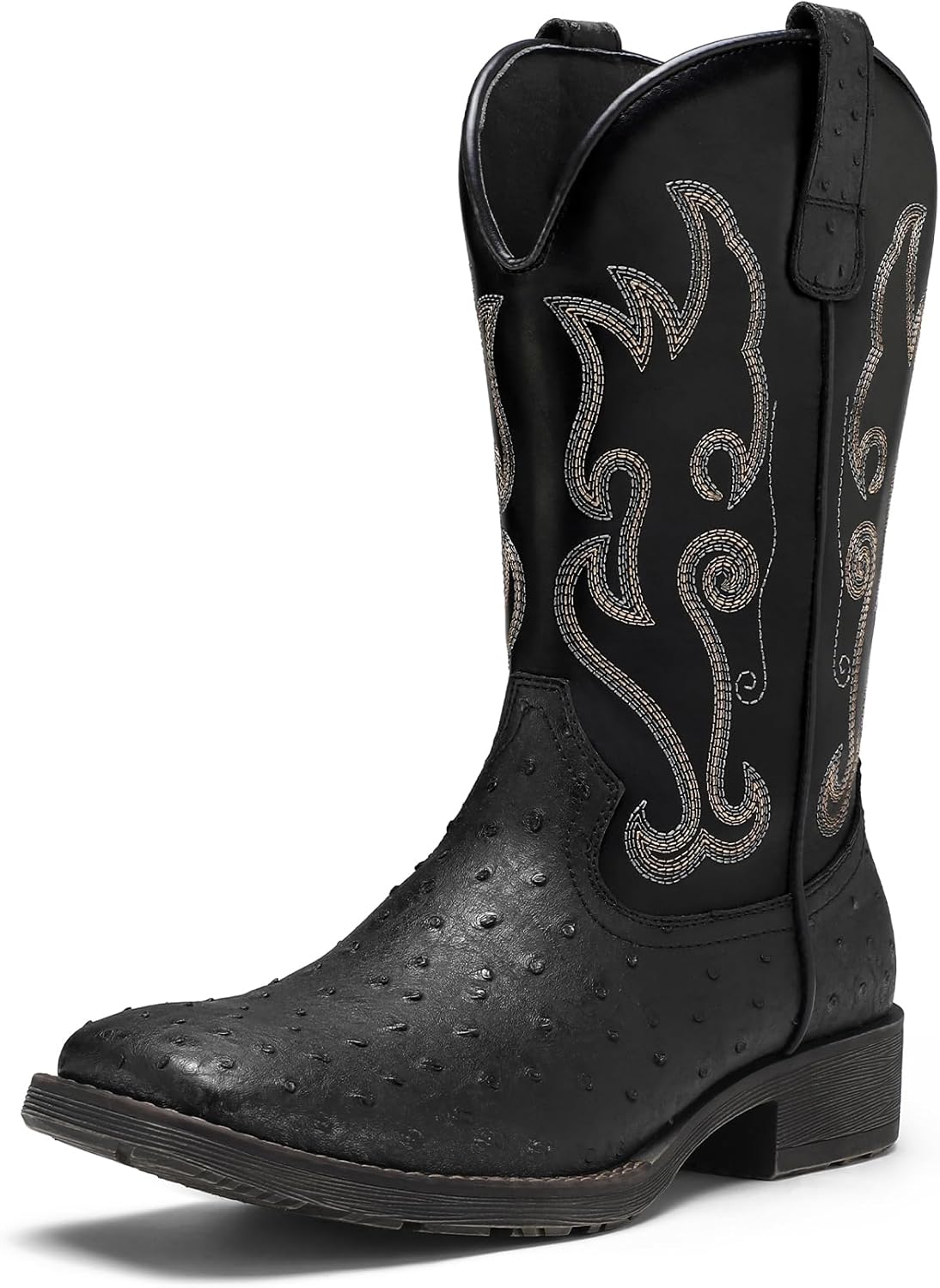 Men's Western Cowboy Boots - Square Toe Embroidered Side Zipper Boots, Slip Resistant Low Stable Heel All Day Comfort No Break-In Country Boots for Casual Work Daily Wear Line Dancing, Wide Feet Friendly