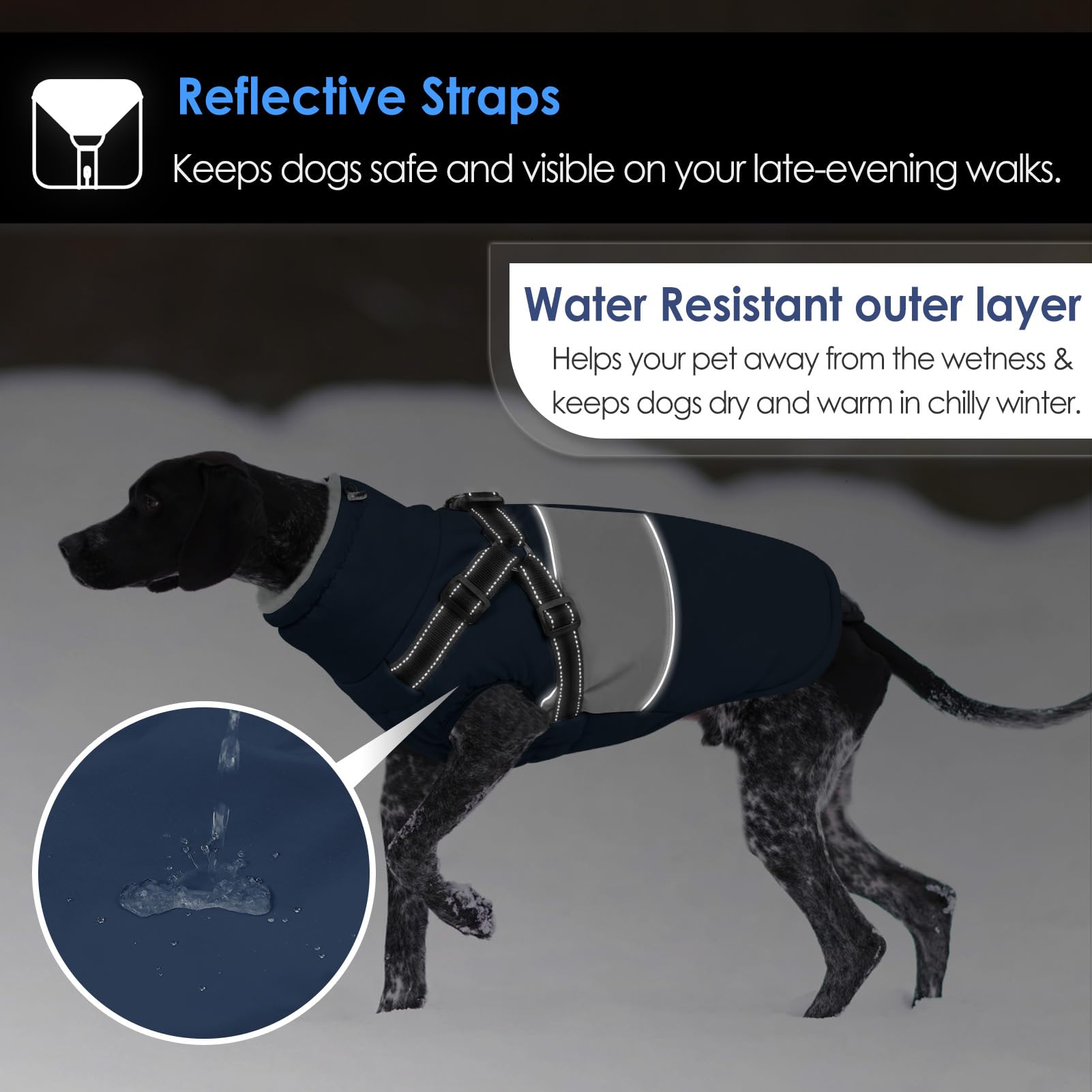 AOFITEE Chaqueta para perro, abrigo de invierno impermeable para perro, abrigo para perro con arnés, chaqueta de nieve para perro de forro polar cálido con cremallera, suéter reflectante resistente al