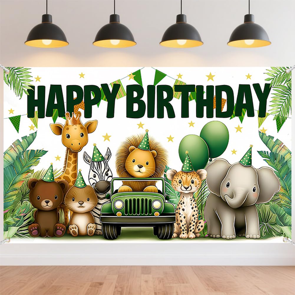 CRAFTYMELODY Jungle Animals Birthday Banner 72×44 Inch Happy Birthday Green Jungle Animal Backdrop Wall Banner Yard Sign Indoor Outdoor with Grommets 3.2 Yard String for Party Decoration Supplies