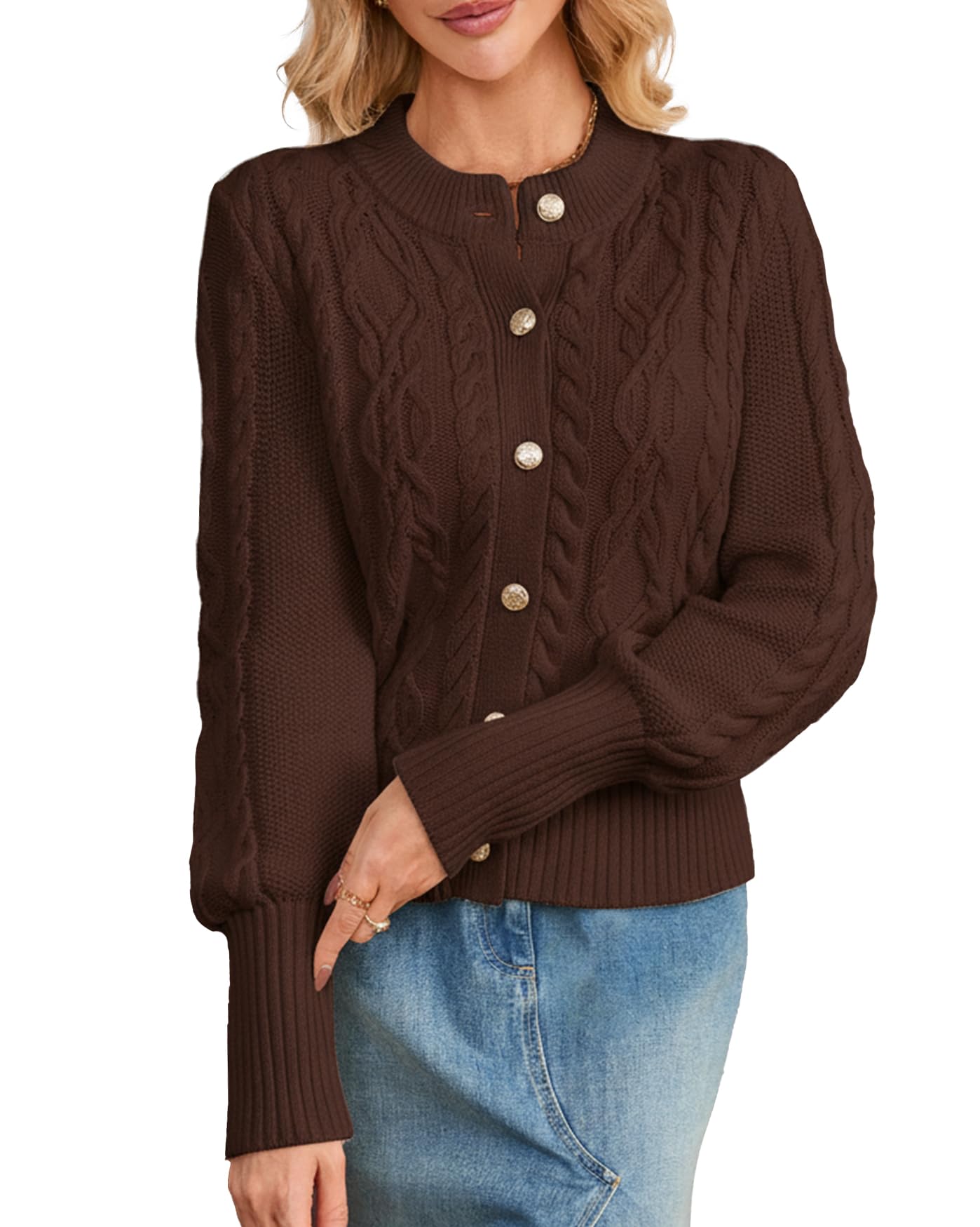 Womens Cardigan Sweater Button Down Long Sleeve Fall Jacket Short Chunky Cable Knit Open Front Loose Coat