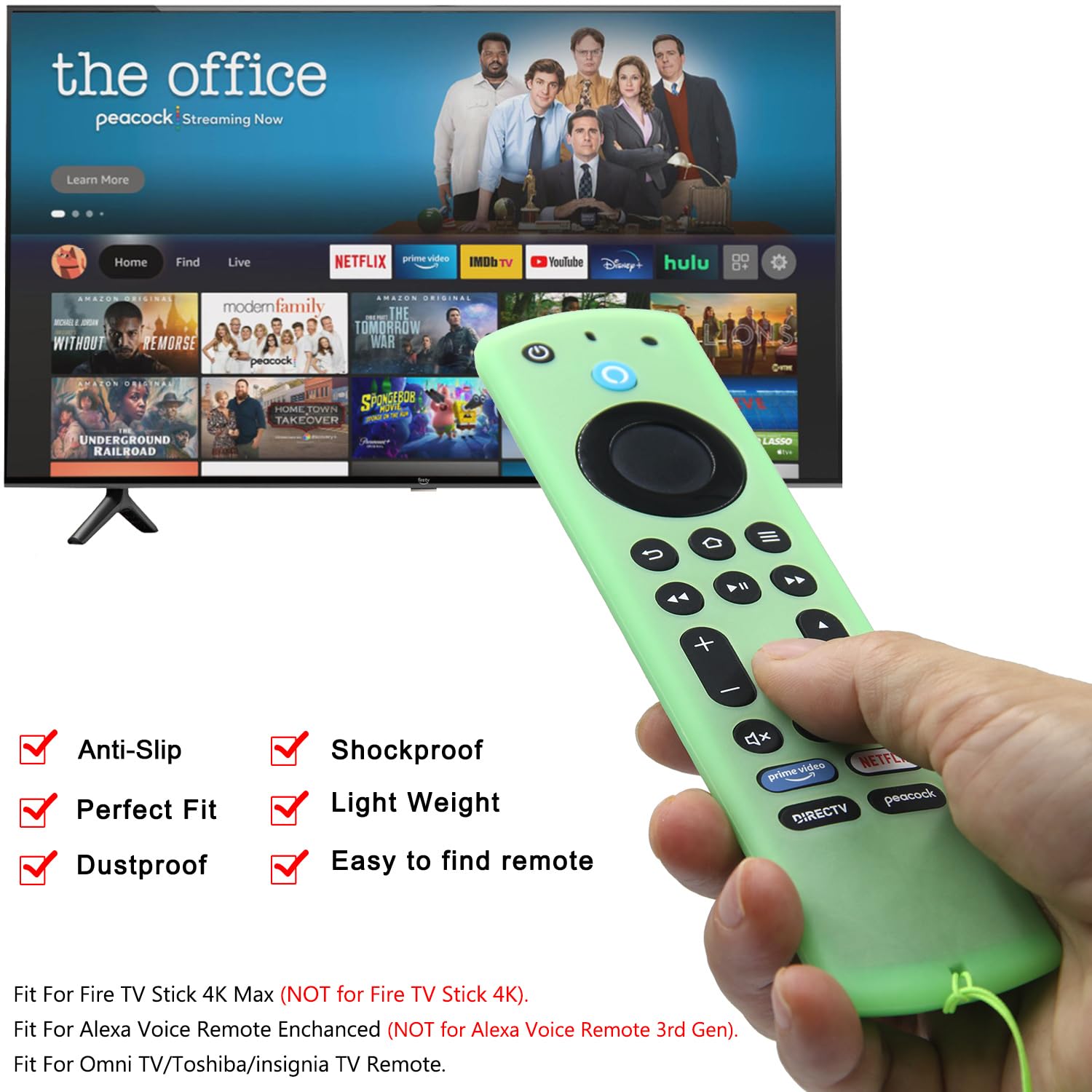 Pinowu Silikonowe etui na pilota (2 szt.) do Fire TV Stick 4K Max (2nd )/ Insignia/Pioneer/Omni (QLED) Series Alexa Voice Remote Enhanced ze smyczą (zielony, błękitny, świecący)