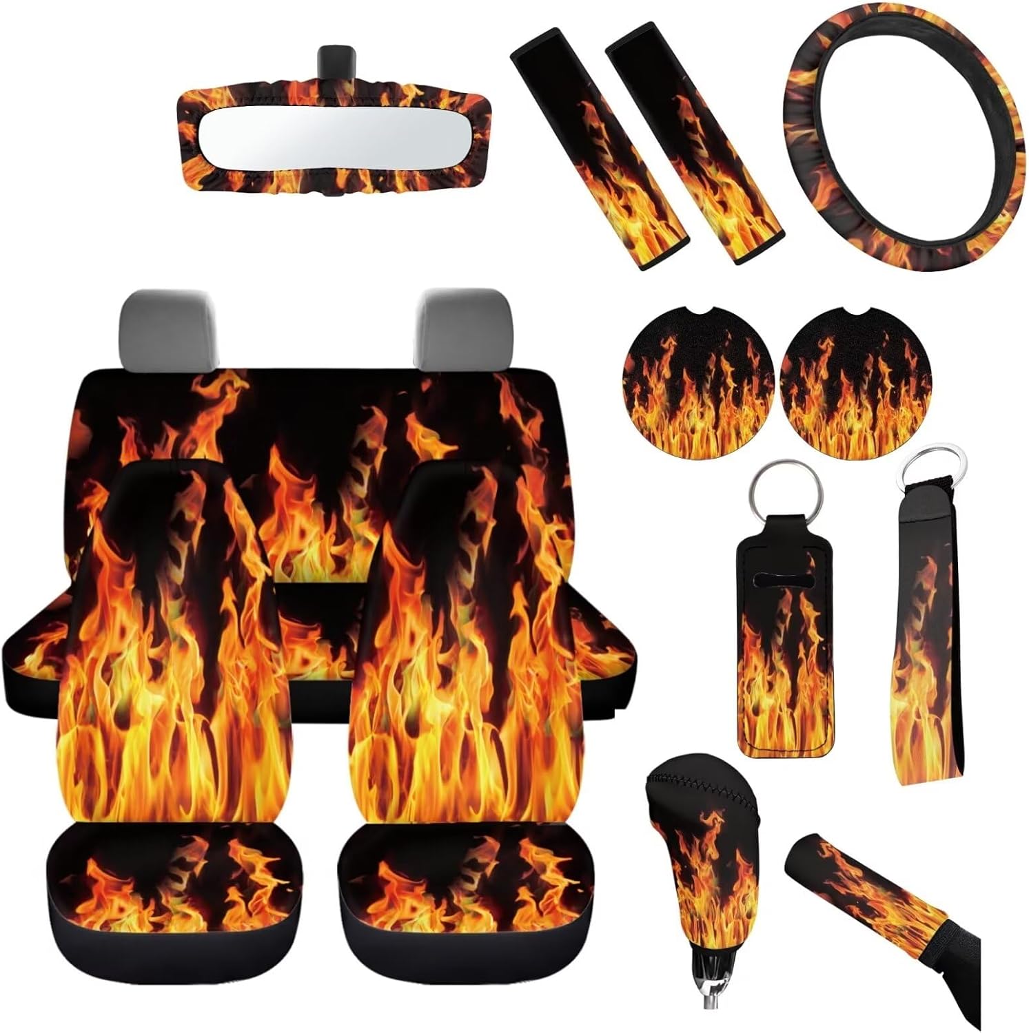 14Pack Orange Fire Flame Car Seat Covers,Neoprene Auto Steering Wheel+Seatbelt Pads Handbreak Cover Vehicle Coasters+Brown Cowhide Keychain+Vehicle Interior Mirror Cover Accessory