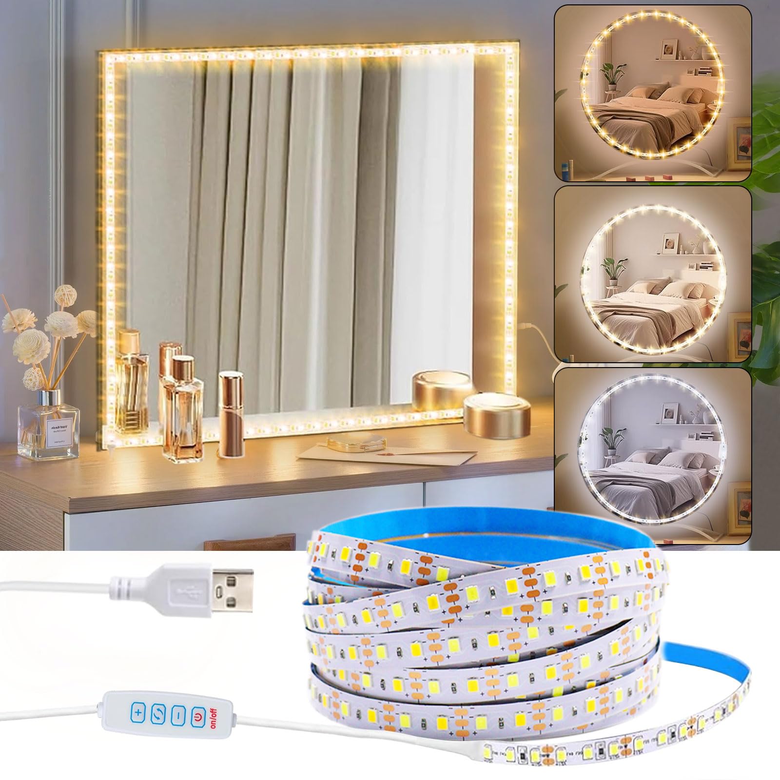 Lampe LED De Miroir De Maquillage - 1 M, 3 Couleurs, Luminosité Réglable, Adhésif USB - Pour Coiffeuse, Salle De Bain