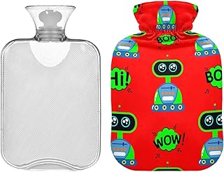 Botella de agua caliente con cubierta con diseño de robots de dibujos animados en color rojo, paquete caliente para calambres, alivio del dolor, calentador de período para calambres, 1 L