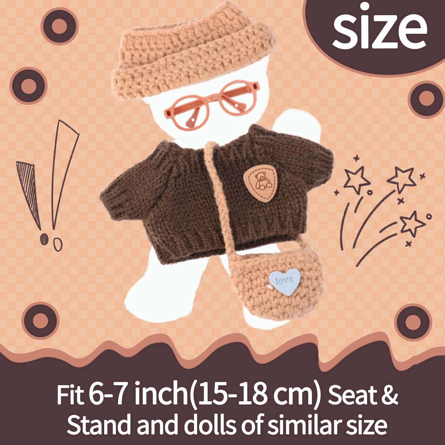 17cm Doll Clothes with Glasses - Handmade Knit Mini Sweater Outfit Compatible with Standard 6" Vinyl Dolls