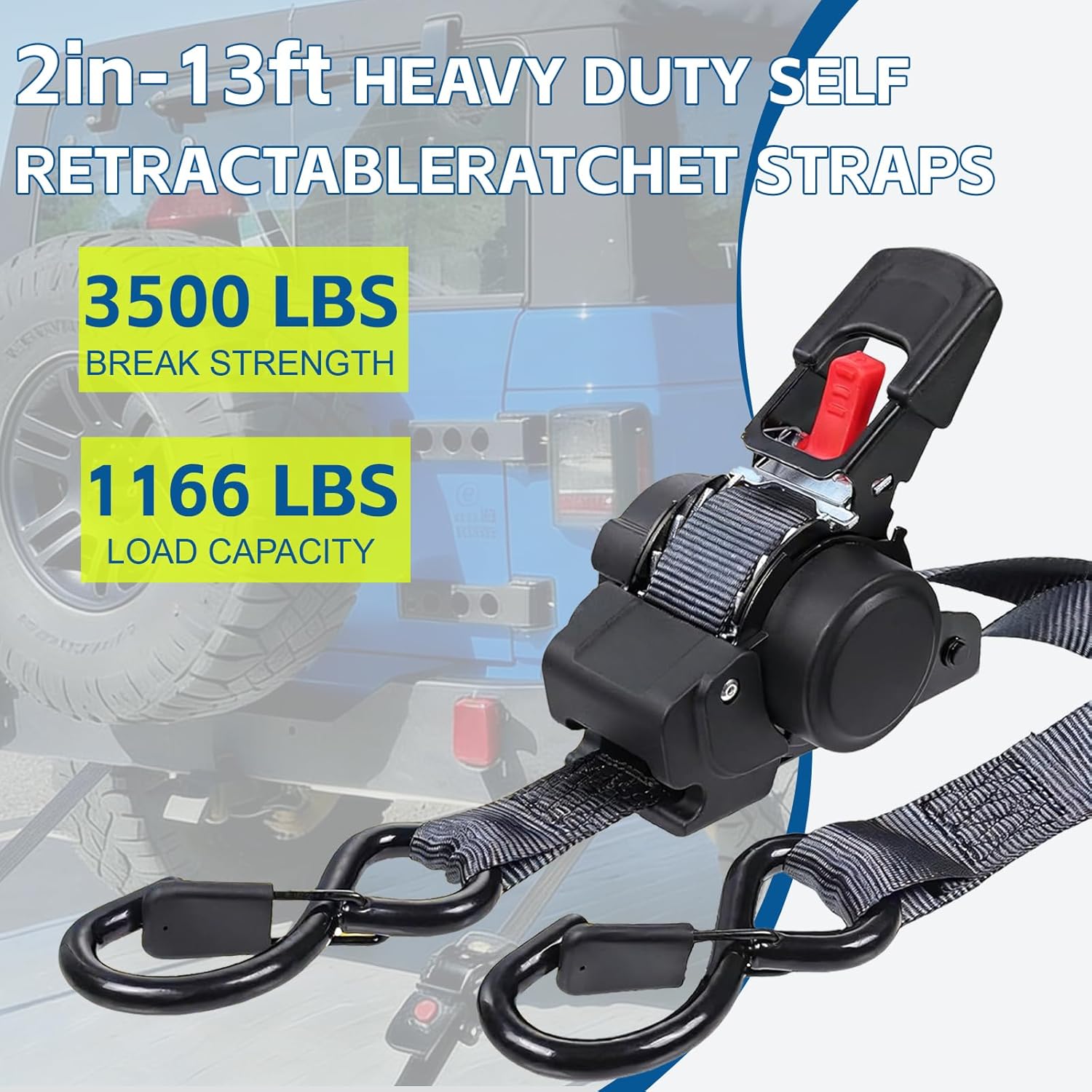 2" X13ft Retractable Ratchet Straps, 3500lbs Heavy Duty Auto Self Retracting Easy Release Tie Down for Trucks, Trailers, Motorcycles, Atvs, with Soft Loops Secure Cargo Straps Accessories-2PK