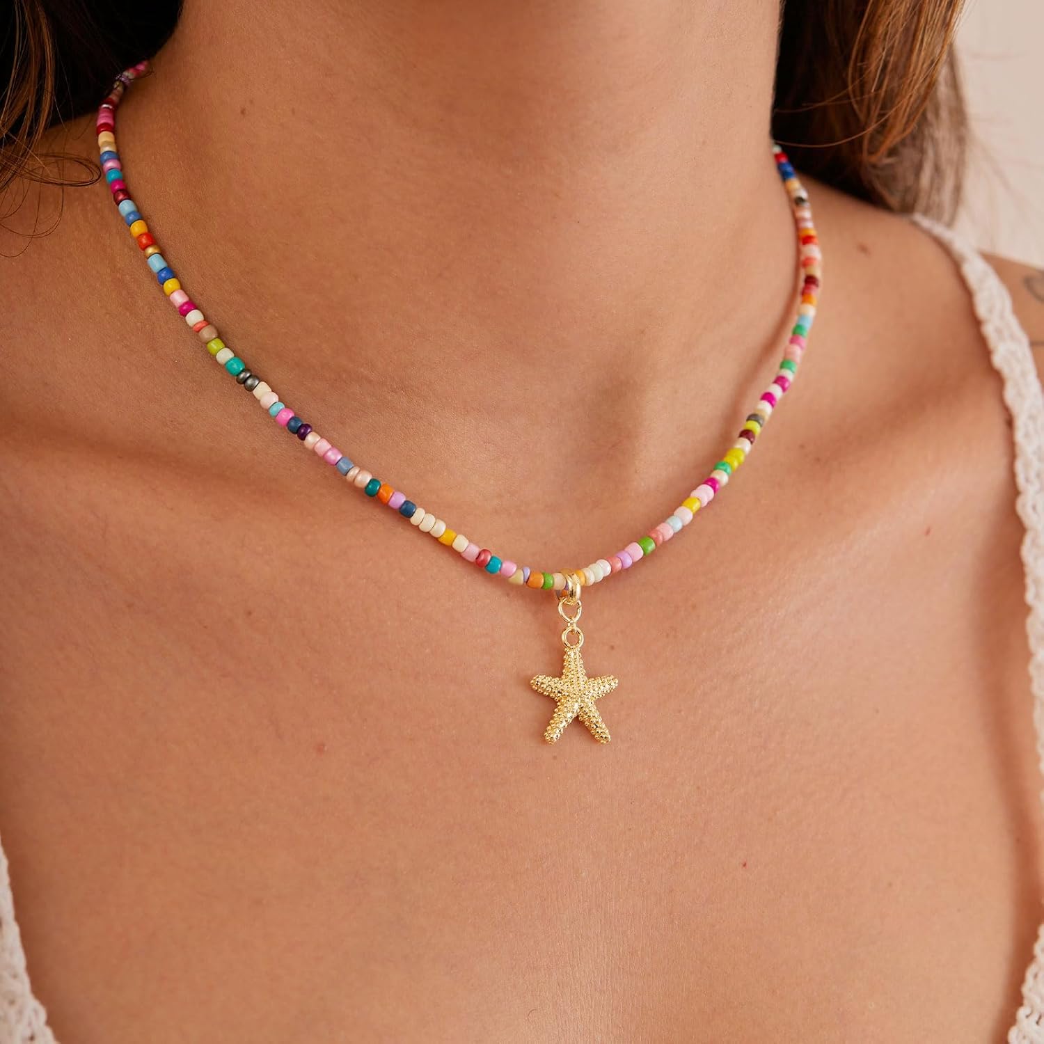 VRIUA Colorful Beaded Necklaces for Women – Summer Beach Boho Starfish, Conch, Shell, Pearl, Palm tree Pendant Necklace Jewelry - Image 2