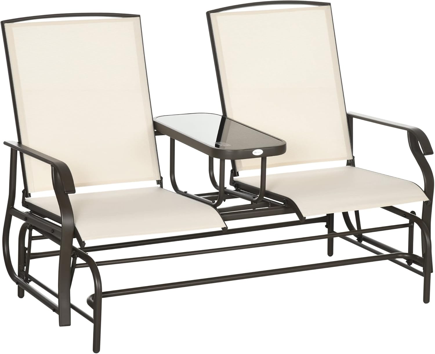 Outdoor Glider Bench with Center Table, Metal e Patio Loveseat with Breathable Mesh Fabric and Armrests for Backyard GPorch, Beige