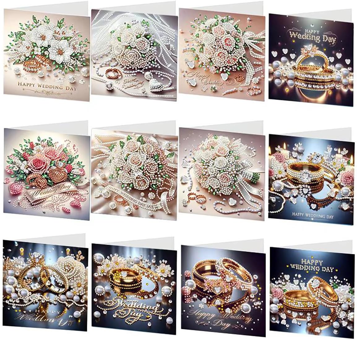 JBTM24 12 Packs Diamond Painting Greeting Cards Kits for Adults, Diamond Art Holiday Card with Envelopes, DIY Card Making Kits for Happy Wedding Day (Wedding Day)