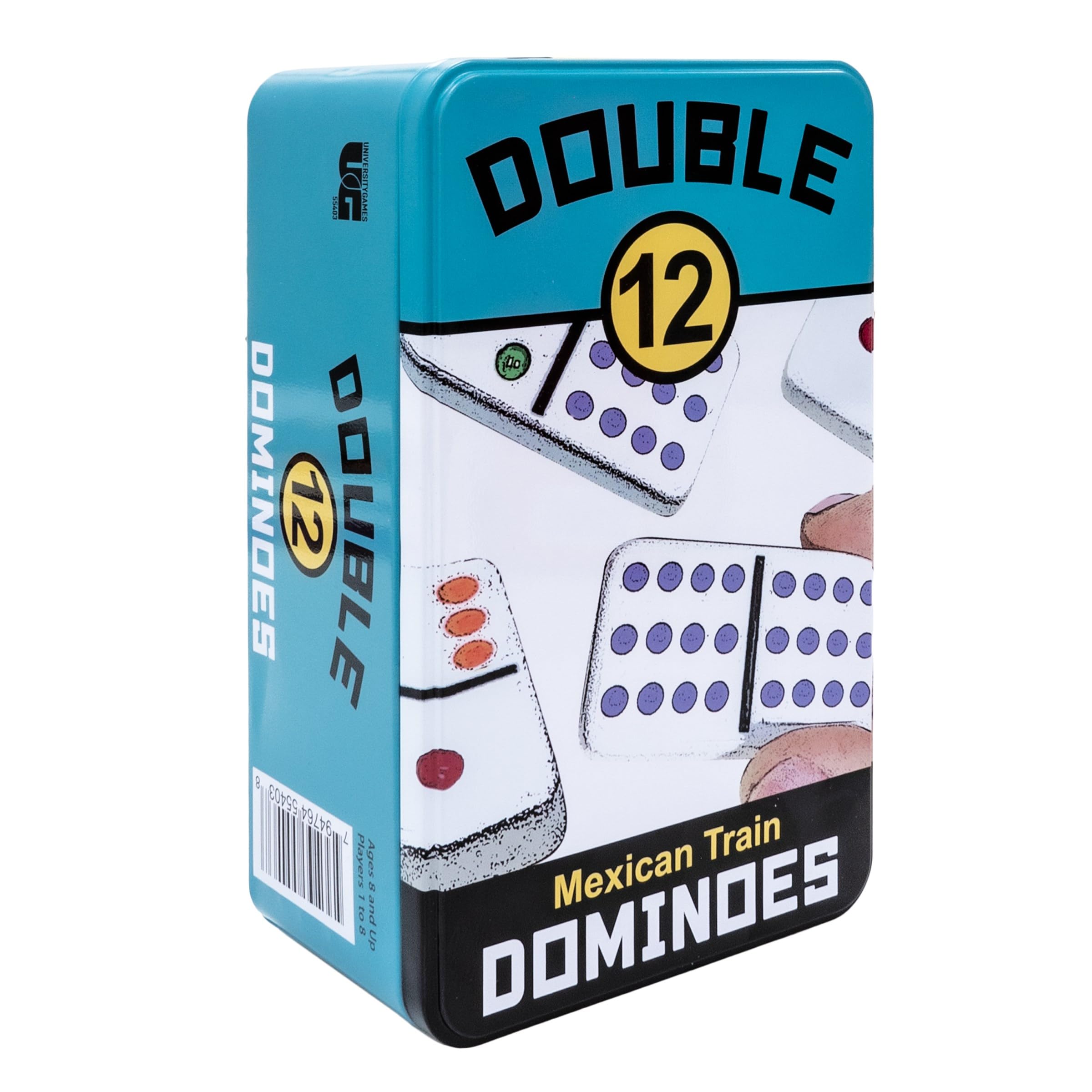 Front Porch Classics, Double 12 Colored Dot Dominoes Set On-The-Go Travel Storage Tin, 2 to 8 Players Ages 8 to 99