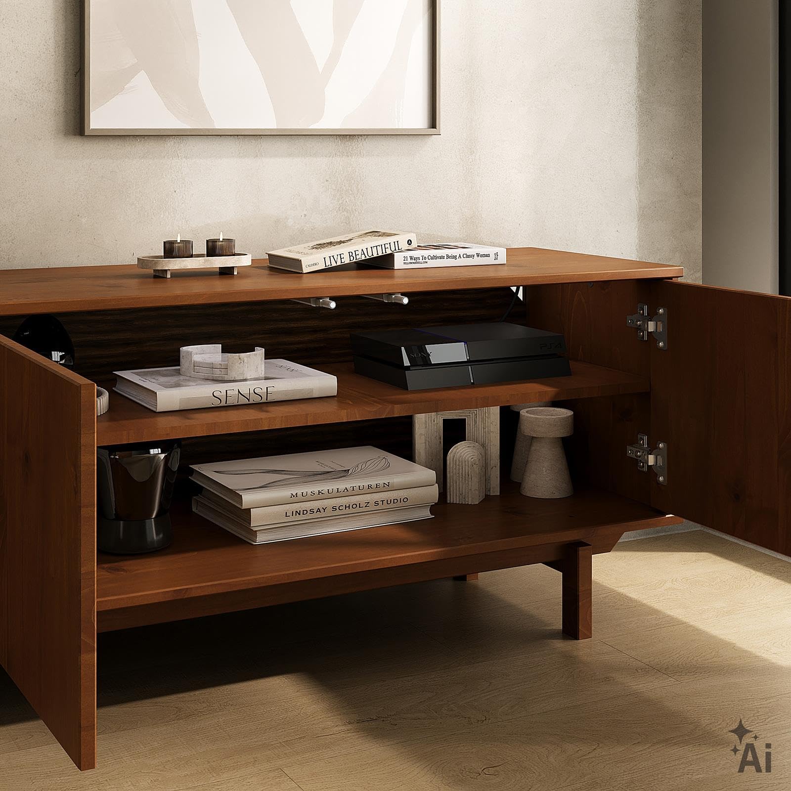 Meuble TV LITA 170 cm, Bois massif, pour TV jusqu'à 60 pouces - Châtaignier