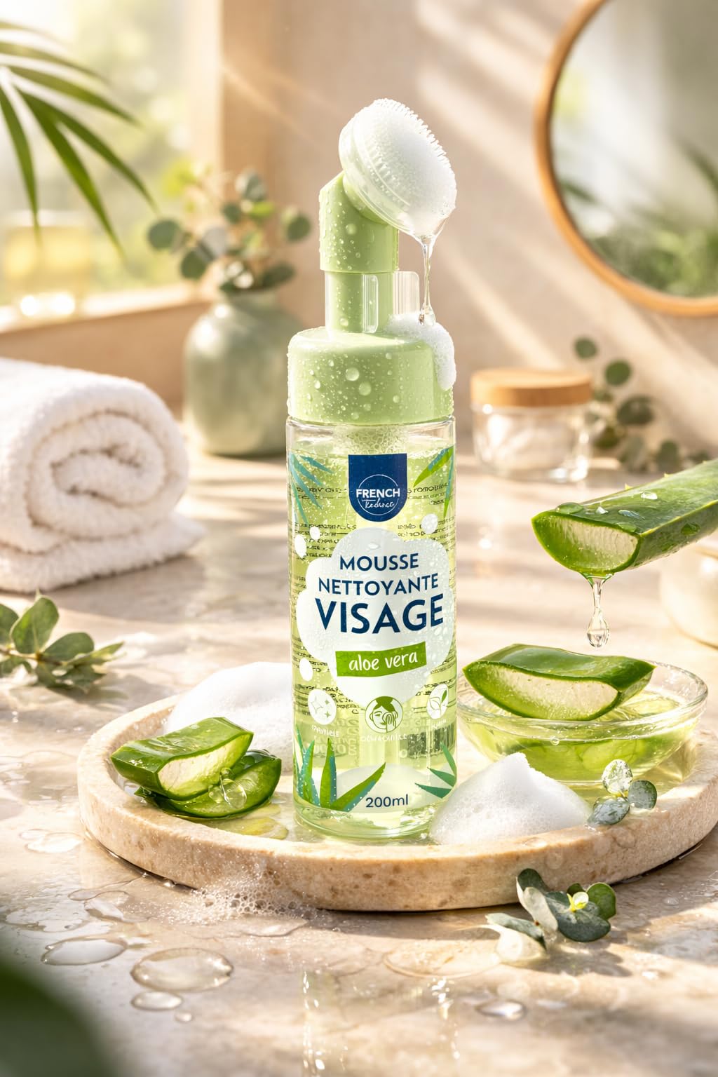 Mousse Nettoyante Visage Aloe Vera 200ml avec Brosse Intégrée – Nettoie, Démaquille et Purifie – Soin Quotidien Hydratant – FRENCH Beauté