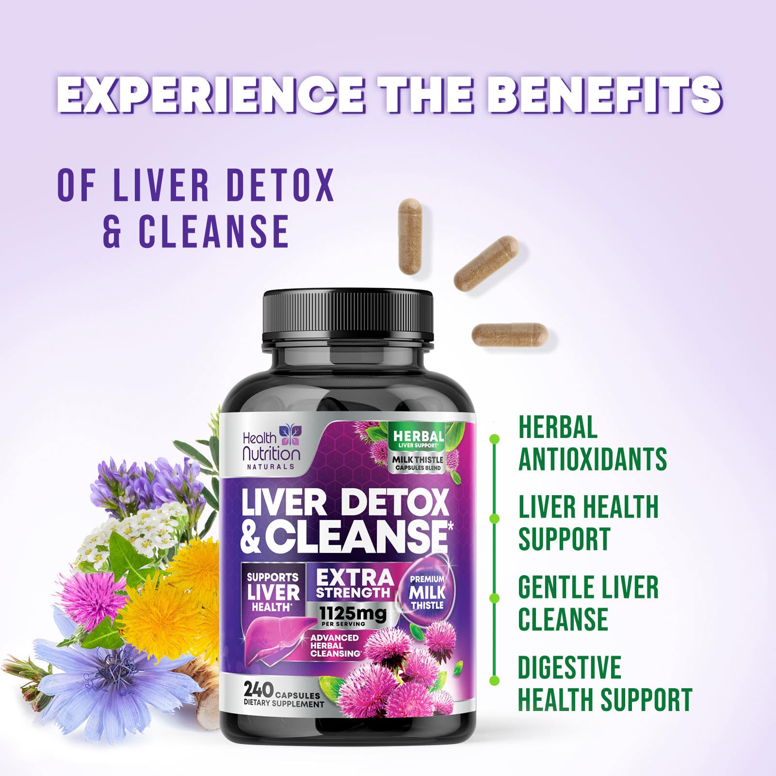 Liver Cleanse Detox & Repair Supplement - 1100mg Herbal Liver Complex - Milk Thistle with Silymarin, Dandelion, Artichoke Extract, Turmeric & Beetroot - Natural & Gentle Liver Support - 240 Capsules — Amazon image 5
