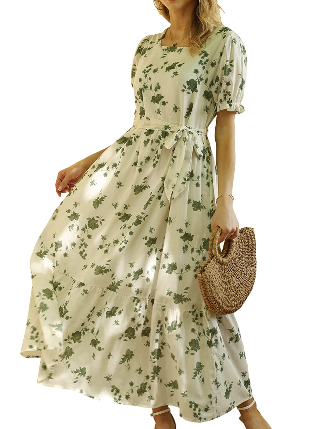 YESNOWomen's 2023 Summer Casual Square Neck Floral Dress Ruffle Puff Short Sleeve Belted Maxi Dress with Pockets E16