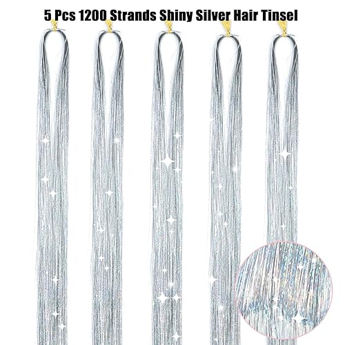 Miniatura 3 de Kit de oropel para el cabello con herramientas de 48 pulgadas, 1200 hebras de cabello de oropel plateado, kit de oropel de hada, resistente al