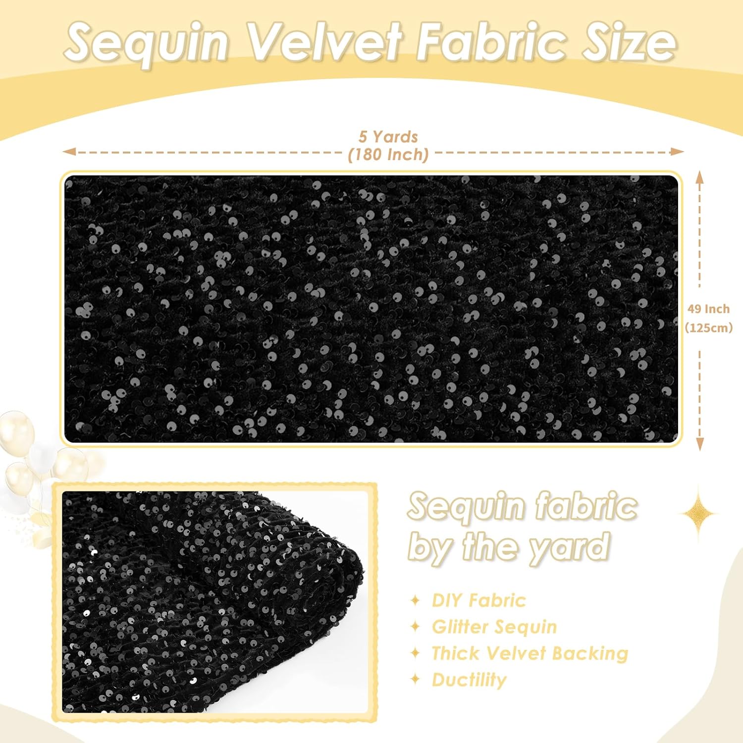 Black Sequin Fabric 5 Yards Stretch Sequin Velvet Fabric by The Yard Glitter Upholstery Fabric Sparkling Material for Sewing DIY Costumes Crafts Gowns Dresses Skirts