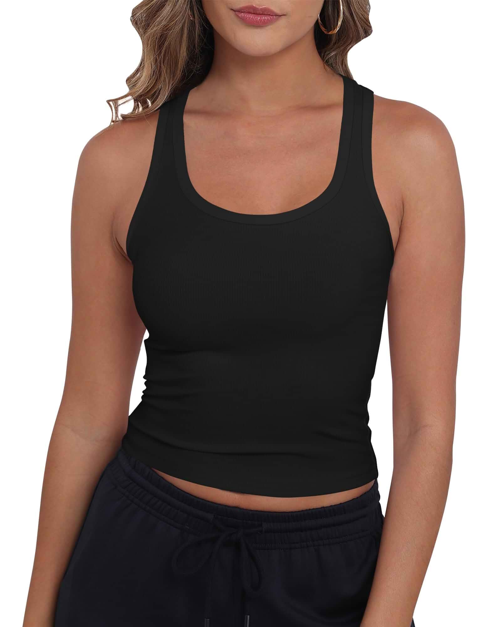 GEMBERA Women Sleeveless Scoop Neck Racerback Ribbed Knit Fitted Teen Basic Crop Tank Top Shirt Sleeveless · Fitted