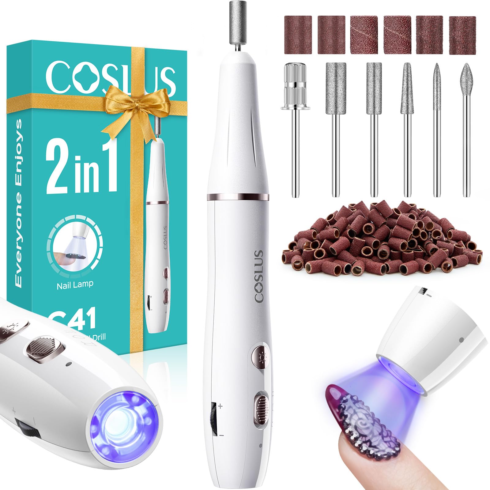 COSLUS Professionell Nagelfräser Kabellos Tragbar: Elektrische Nagelfeile Stufenlos mit Licht für Gelnägel Nagelhaut, Maniküre Pediküre set für Anfänger Nagelstudio, mit Metallbohrer & USB-C Ladegerät