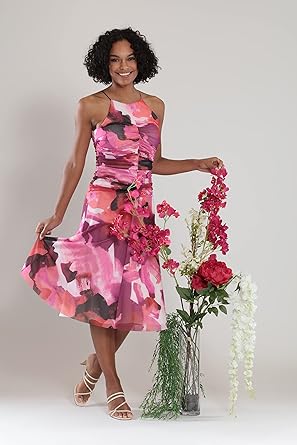 Ruched Halter Dress Women's  Knee-Length, Printed Mesh, Lined London Times
