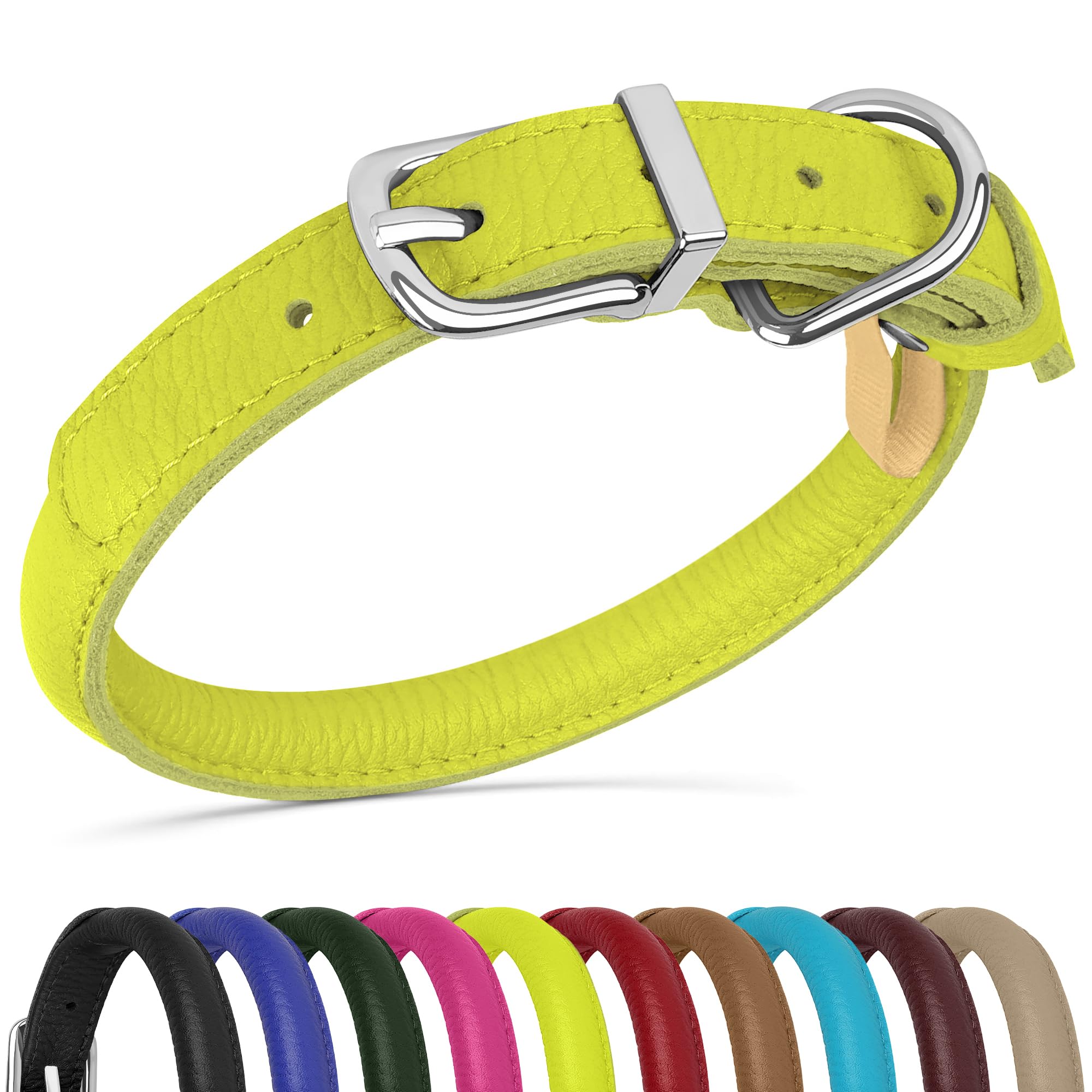 OOPSDOGGY Rolled Leather Dog Collar Soft Roll Collars for Small Medium Large Dogs Puppy (Lime Green, S, 10"-13")