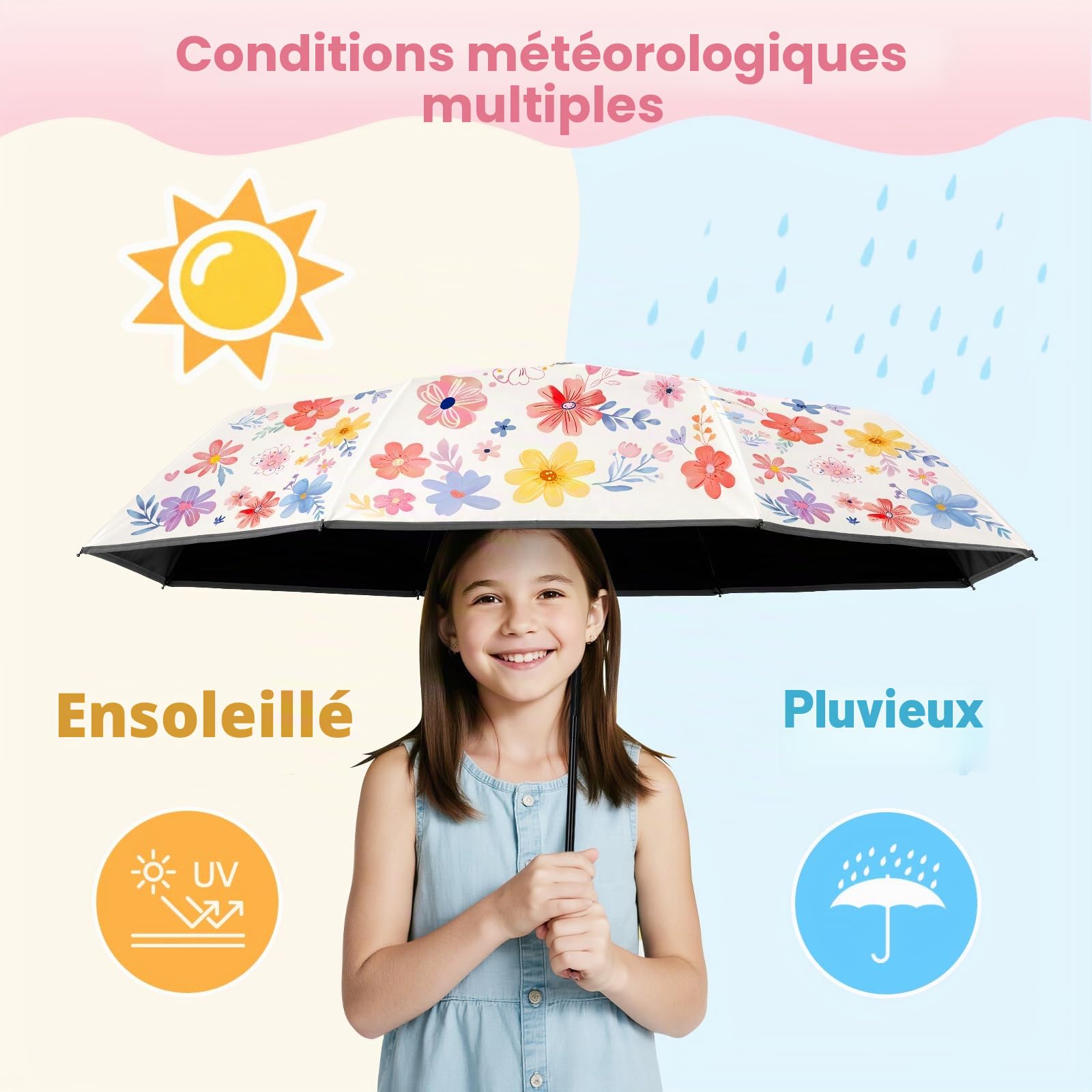 decalsweet Parapluie Pliant Enfant Anti-UV, Parapluie Compact Léger Automatique Anti-Rebond avec Bande Réfléchissante, Mini Parapluie de Voyage pour Bebe, Filles, Garçons, Fleurs et Plantes
