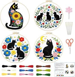 ACRNIGHEET 4Pcs Embroidery Kit for Beginners Adults, Cat & Floral Needlepoint Kits for Adults, Cross Stitch Kits, Embroidery Starter Kit for Home Decor and DIY Craft Projects, Craft Gift for Women
