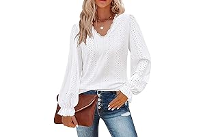 Juniors Dressy Tops: Eye-Catching V-Neck Eyelet Blouse with Feminine Ruffles