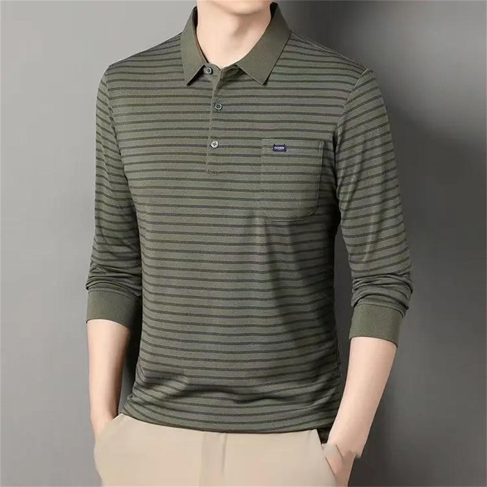 Camiseta de manga larga para hombre de mediana edad, con solapa, base fina, para ancianos de mediana edad