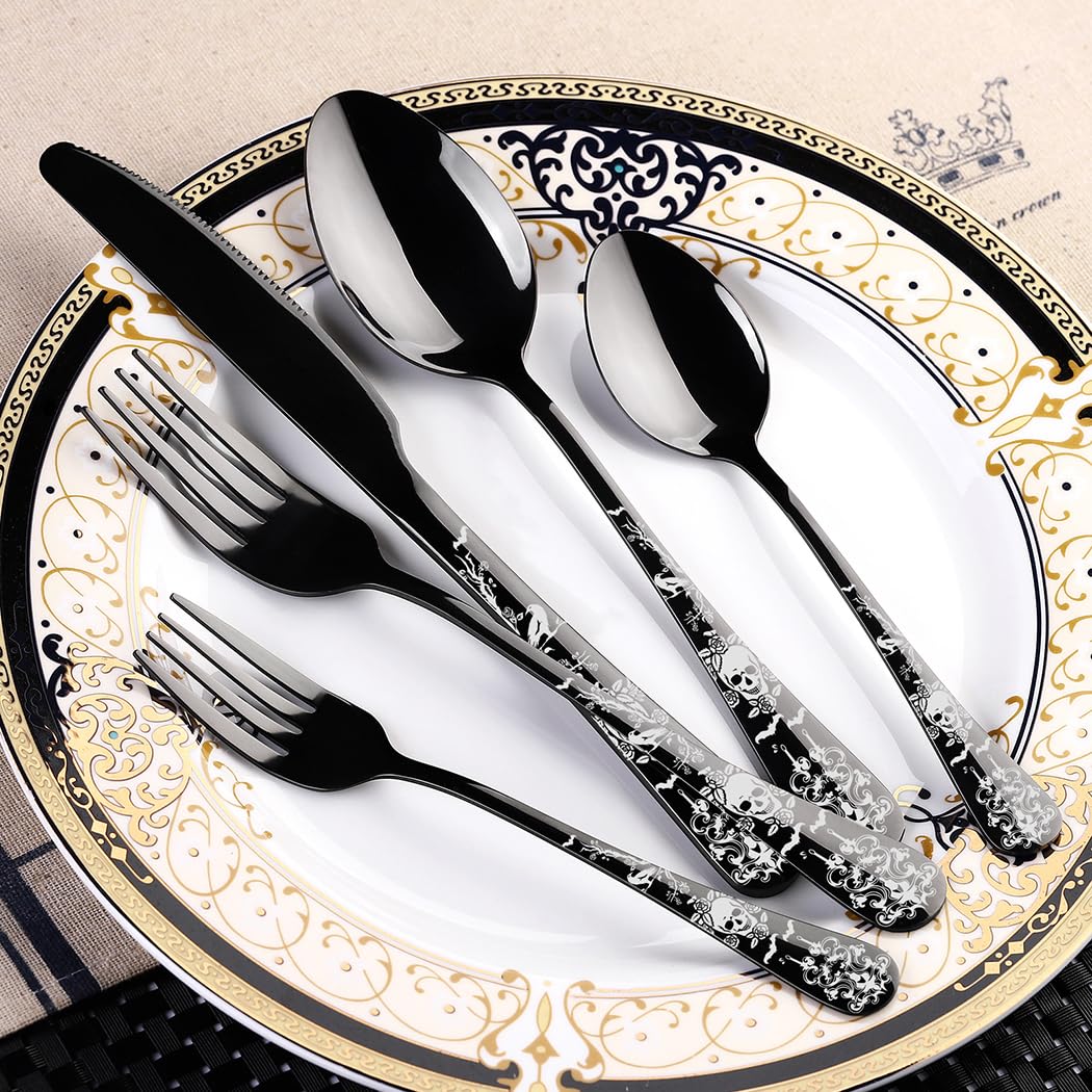 XIAOYU Set Posate 20 Pezzi Acciaio Inox Gotico Design Unico Halloween Teschio/Corvo/Fiore/Pipistrello