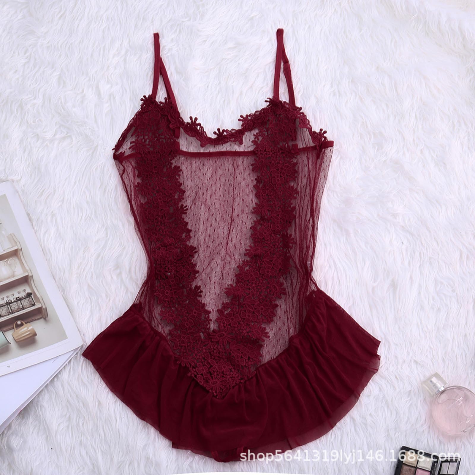 RWRAPS Lingerie Sexy per Donne Taglie Forti Gilet Sexy Erotico in Pizzo Trasparente da Donna con Gonna Antiscivolo (Borgogna X)