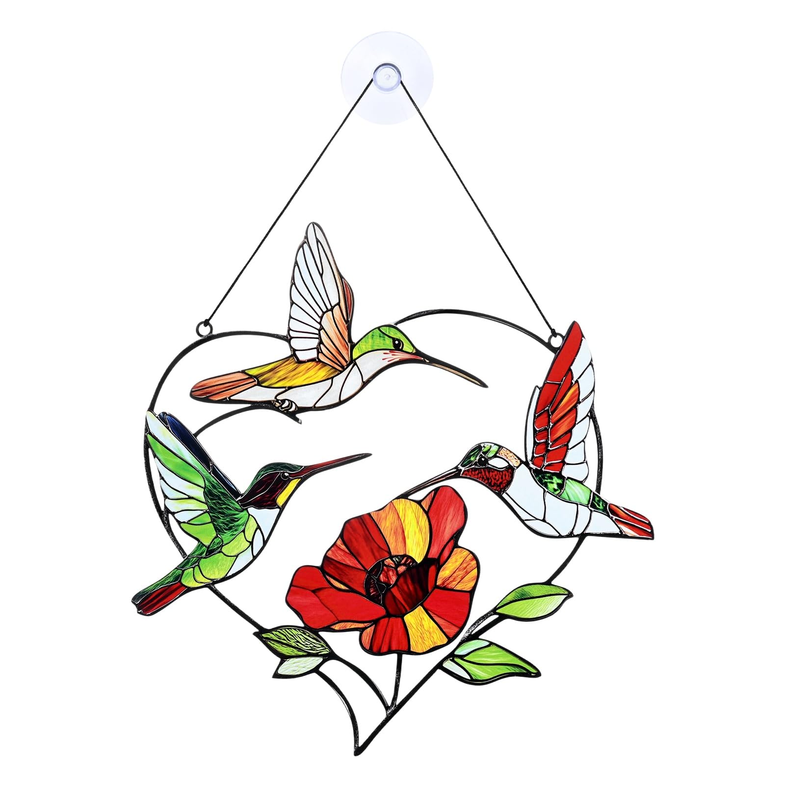 M METERXITY 1-Pcs Hummingbird Suncatcher Window Hanging, Stained Glass Hummingbird Suncatcher with Flowers for Window Hanging/Home/Garden Decor, Bird Decor [Colorful-23]