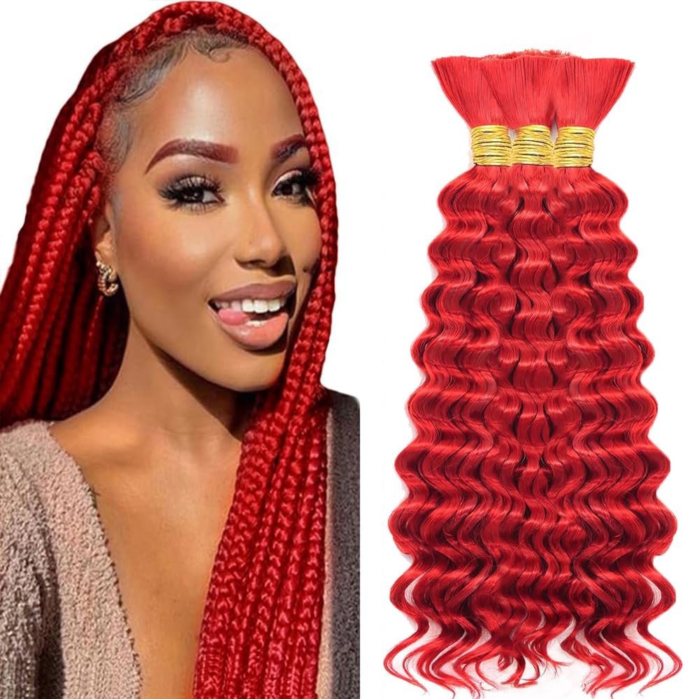 Photo 1 of RED Human Hair Braiding Hair For Boho Braids Deep Wave Braiding Hair 28 28 28 Inch Light RED Deep Curly Boho Hair for Bulk Braiding Knotless Bohemian Hair Extensions 3 Bundle 150g