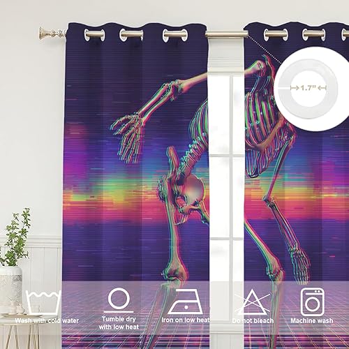 Miniatura 4 de Skeleton Digital Corruption Bedroom Curtains, Neon Cyberpunk Skeleton Scene Blackout Drapes Grommet Insulated Thermal Curtains for Living Room,